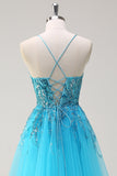 Sparkly Blue Mermaid Spaghetti Straps Side Cape Sequin Long Prom Dress with Slit