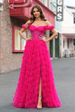 Fuchsia A-Line Off The Shoulder Ruched Tiered Corset Beaded Prom Dress with Slit