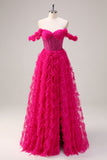 Fuchsia A-Line Off The Shoulder Ruched Tiered Corset Beaded Prom Dress with Slit