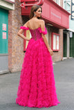 Fuchsia A-Line Off The Shoulder Ruched Tiered Corset Beaded Prom Dress with Slit