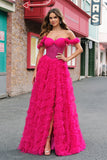 Fuchsia Off The Shoulder A-Line Ruched Tiered Corset Beaded Prom Dress with Slit