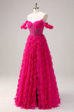 Fuchsia A-Line Off The Shoulder Ruched Tiered Corset Beaded Prom Dress with Slit