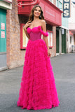 Fuchsia Off The Shoulder A-Line Ruched Tiered Corset Beaded Prom Dress with Slit