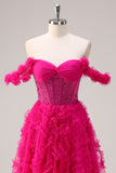 Fuchsia A-Line Off The Shoulder Ruched Tiered Corset Beaded Prom Dress with Slit