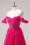 Fuchsia A-Line Off The Shoulder Ruched Tiered Corset Beaded Prom Dress with Slit