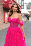 Fuchsia Off The Shoulder A-Line Ruched Tiered Corset Beaded Prom Dress with Slit