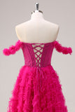 Fuchsia A-Line Off The Shoulder Ruched Tiered Corset Beaded Prom Dress with Slit