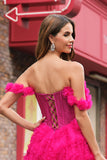 Fuchsia Off The Shoulder A-Line Ruched Tiered Corset Beaded Prom Dress with Slit