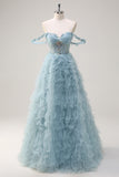 Princess Dusty Blue Off the Shoulder Sequin Corset Long Prom Dress with Ruffles