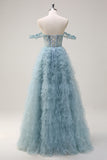 Princess Dusty Blue Off the Shoulder Sequin Corset Long Prom Dress with Ruffles