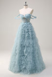 Princess Dusty Blue Off the Shoulder Sequin Corset Long Prom Dress with Ruffles