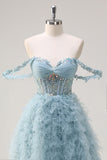 Princess Dusty Blue Off the Shoulder Sequin Corset Long Prom Dress with Ruffles