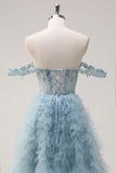 Princess Dusty Blue Off the Shoulder Sequin Corset Long Prom Dress with Ruffles