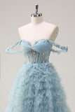 Princess Dusty Blue Off the Shoulder Sequin Corset Long Prom Dress with Ruffles