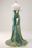 Sparkly Green Mermaid Off the Shoulder Long Corset Metallic Prom Dress with High Slit