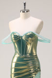 Sparkly Green Mermaid Off the Shoulder Long Corset Metallic Prom Dress with High Slit