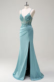 Sparkly Blue Mermaid Spaghetti Straps Beaded Corset Sequin Prom Dress with Slit