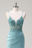 Sparkly Blue Mermaid Spaghetti Straps Beaded Corset Sequin Prom Dress with Slit