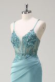 Sparkly Blue Mermaid Spaghetti Straps Beaded Corset Sequin Prom Dress with Slit