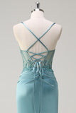 Sparkly Blue Mermaid Spaghetti Straps Beaded Corset Sequin Prom Dress with Slit