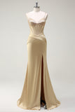 Sparkly Golden Mermaid Spaghetti Straps Corset Beaded Long Prom Dress with Slit