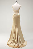 Sparkly Golden Mermaid Spaghetti Straps Corset Beaded Long Prom Dress with Slit