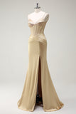 Sparkly Golden Mermaid Spaghetti Straps Corset Beaded Long Prom Dress with Slit