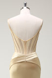 Sparkly Golden Mermaid Spaghetti Straps Corset Beaded Long Prom Dress with Slit