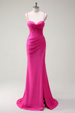 Fuchsia Mermaid Spaghetti Straps Corset Ruched Long Prom Dress with Slit