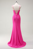 Fuchsia Mermaid Spaghetti Straps Corset Ruched Long Prom Dress with Slit