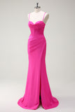 Fuchsia Mermaid Spaghetti Straps Corset Ruched Long Prom Dress with Slit