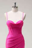 Fuchsia Mermaid Spaghetti Straps Corset Ruched Long Prom Dress with Slit