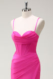 Fuchsia Mermaid Spaghetti Straps Corset Ruched Long Prom Dress with Slit