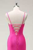 Fuchsia Mermaid Spaghetti Straps Corset Ruched Long Prom Dress with Slit