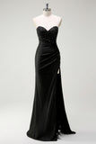 Sparkly Black Mermaid Sweetheart Sequin Ruched Long Prom Dress With High Slit