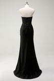 Sparkly Black Mermaid Sweetheart Sequin Ruched Long Prom Dress With High Slit