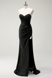 Sparkly Black Mermaid Sweetheart Sequin Ruched Long Prom Dress With High Slit