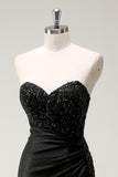 Sparkly Black Mermaid Sweetheart Sequin Ruched Long Prom Dress With High Slit