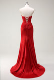 Sparkly Red Mermaid Strapless Corset Beaded Long Prom Dress with Slit