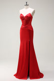 Sparkly Red Mermaid Strapless Corset Beaded Long Prom Dress with Slit