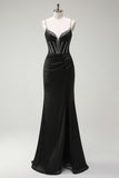 Sparkly Black Mermaid Spaghetti Straps Corset Rhinestone Long Prom Dress With Slit