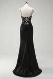 Sparkly Black Mermaid Spaghetti Straps Corset Rhinestone Long Prom Dress With Slit