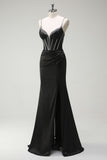 Sparkly Black Mermaid Spaghetti Straps Corset Rhinestone Long Prom Dress With Slit