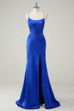 Royal Blue Mermaid Spaghetti Straps Corset Long Prom Dress with Lace Up Back