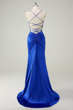 Royal Blue Mermaid Spaghetti Straps Corset Long Prom Dress with Lace Up Back