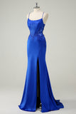 Royal Blue Mermaid Spaghetti Straps Corset Long Prom Dress with Lace Up Back