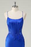 Royal Blue Mermaid Spaghetti Straps Corset Long Prom Dress with Lace Up Back