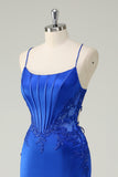 Royal Blue Mermaid Spaghetti Straps Corset Long Prom Dress with Lace Up Back