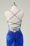 Royal Blue Mermaid Spaghetti Straps Corset Long Prom Dress with Lace Up Back