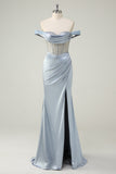 Dusty Blue Mermaid Off The Shoulder Sheer Corset Beaded Long Prom Dress With Slit